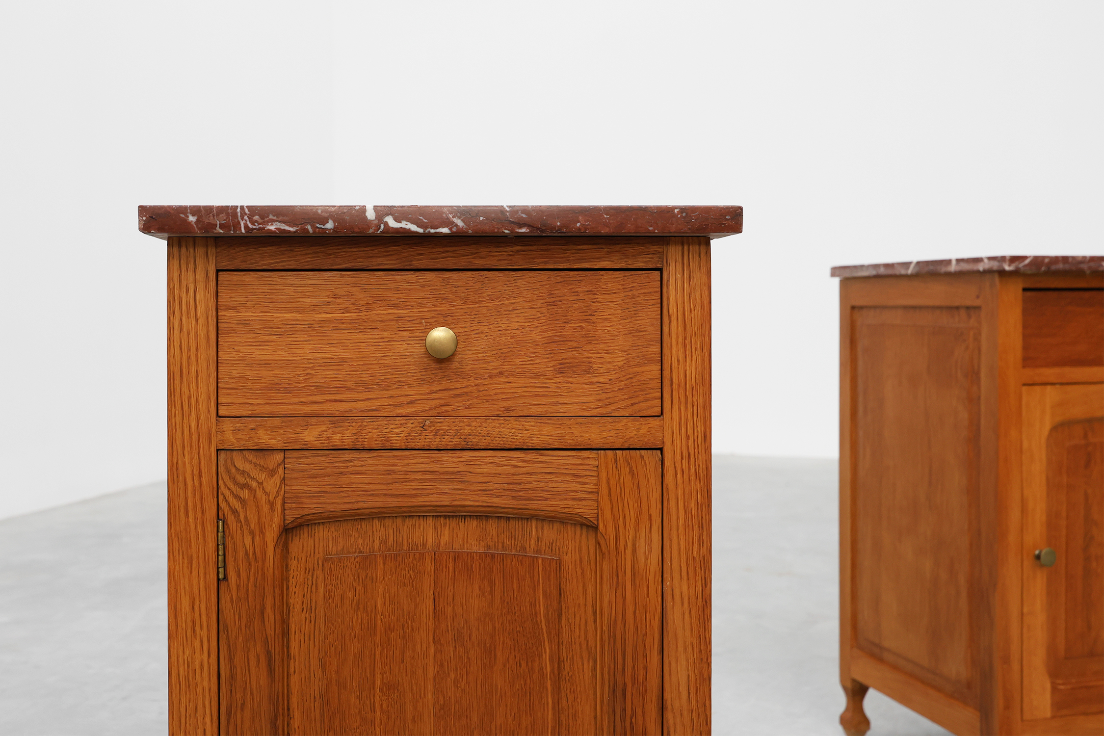 Pair of French Art Deco Nightstands in oak with marble tops, 1930s thumbnail
